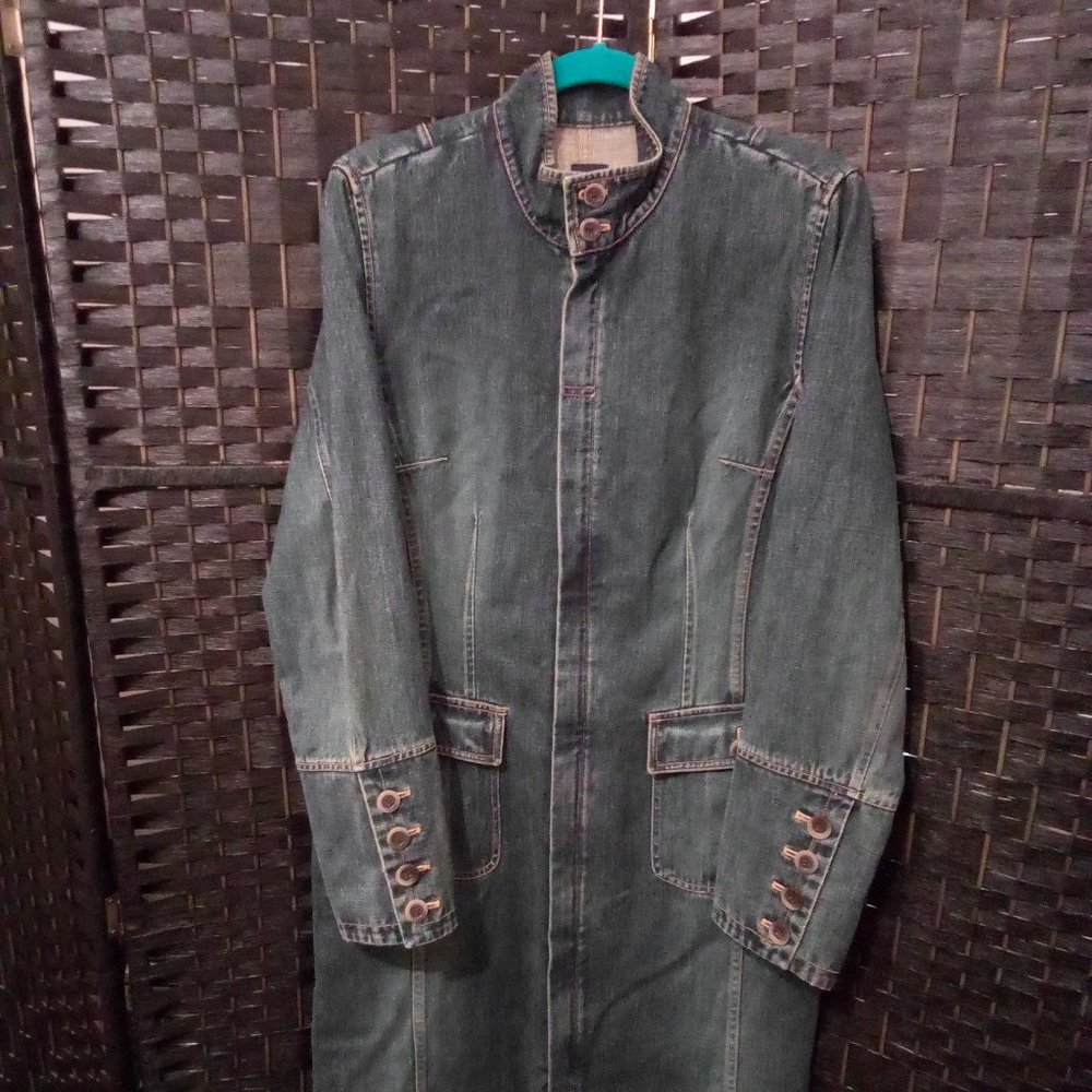 Vintage Y2K Gap Women's Jean Denim Zip Down Lace Up back Trench Coat Sz. XL